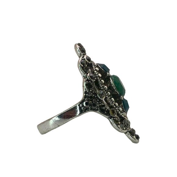 Silver and Green Rhinestone Statement Ring - Size 6.5 - Picture 5 of 7